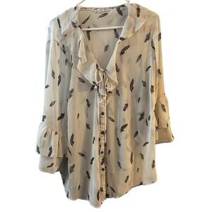 Jolt Sheer Asymmetrical Flowy Feather Blouse Ruffled Collar Drawstring 3X